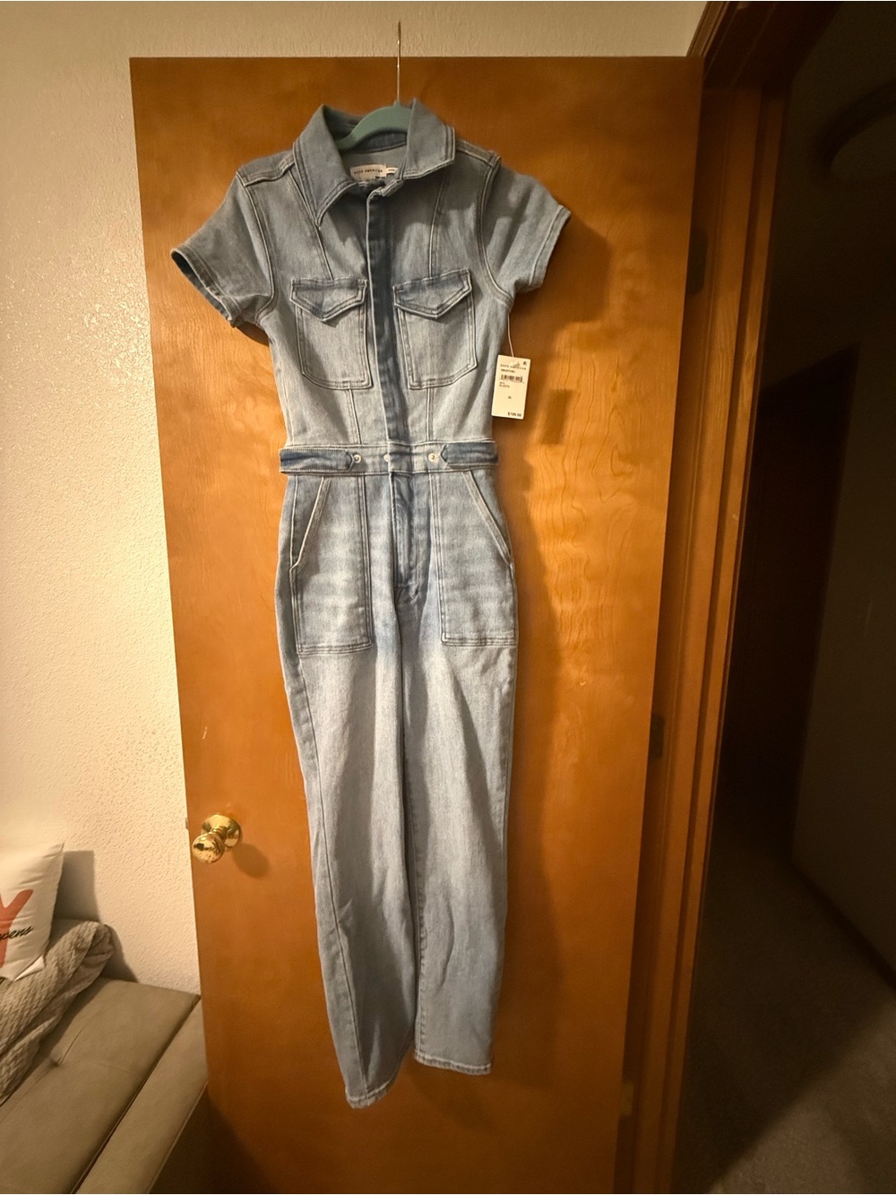 Good American Light Blue Denim Short Sleeve Jumpsuit